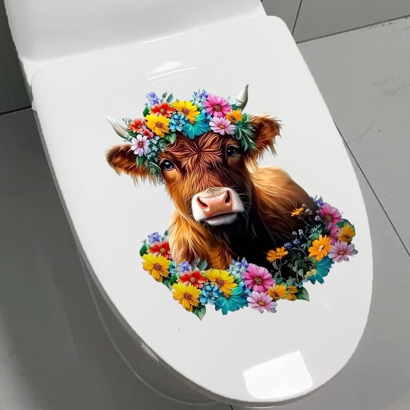 Iprokiu Funny Animal Toilet Seat Cover Decal Waterproof Cartoon Dog Cat Toilet Seat Lid Sticker Dinosaur Duck Washroom Bathroom Decal Home Wall Sticker (Cow) - Image 2